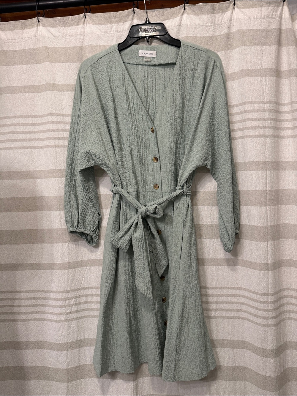 Calvin Klein Sage Green Button-Front Midi Dress with Tie Waist